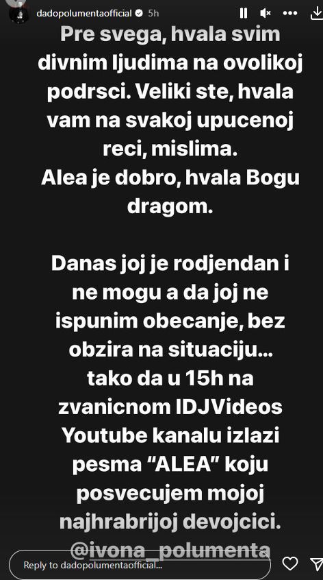"DANAS JOJ JE ROĐENDAN": Nakon hitne operacije ćerke Alee, Dado Polumenta ispunio obećanje koje je dao mezimici (FOTO) 2 Capture 4