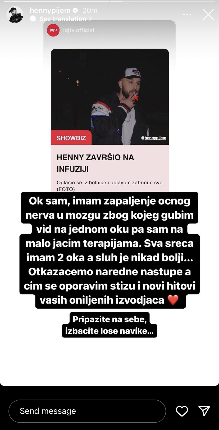 OGLASIO SE HENNY POVODOM SVOG ZDRAVSTVENOG STANJA: "Otkazaćemo naredne nastupe" (FOTO) 2 Henny