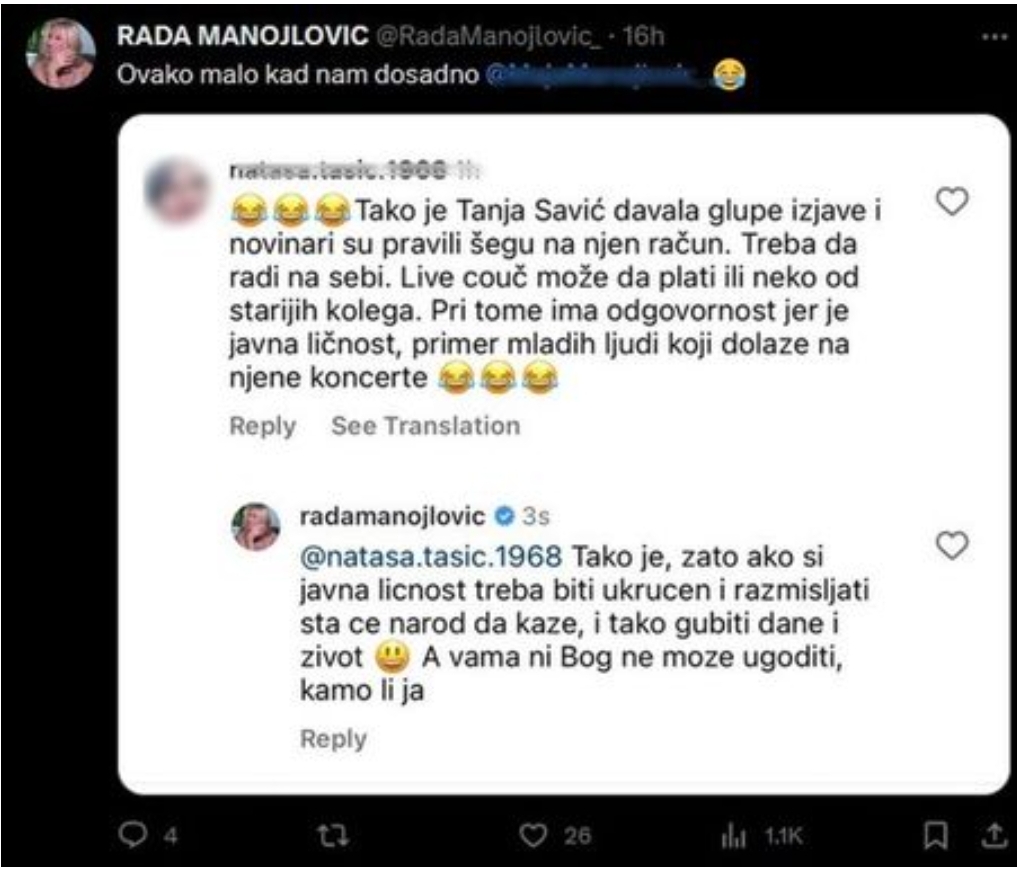 RADA MANOJLOVIĆ STALA U ODBRANU TANJE SAVIĆ: Pevačica se oglasila povodom uvredljivog komentara, pa uputila jasnu poruku 2 1702635709222