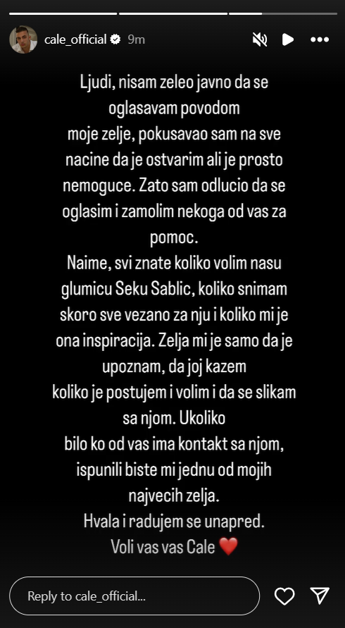 "Pokušao sam na sve načine, ali je nemoguće": Poznati influenser otkrio svoju najveću ŽELJU, pa zamolio fanove da mu pomognu da upozna našu legendarnu glumicu 2 cale