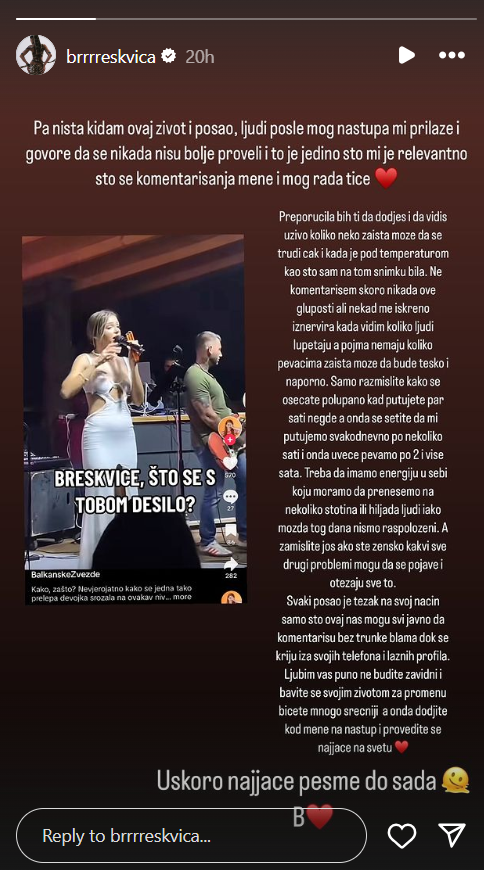 "Ne budite zavidni, bavite se svojim životom": Mreže bruje o Breskvičinom snimku, pevačica uputila jasnu poruku svima (FOTO/VIDEO) 2 Screenshot 2024 07 31 091256