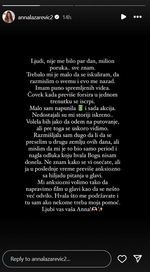 "U poslednje vreme se osećam previše anksiozno": Ana Lazarević progovorila o povlačenju sa društvenih mreža, pa otkrila da razmišlja o SELIDBI (FOTO) 2 Screenshot 2024 08 13 090555