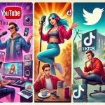KVIZ Koji si tip influensera? 🎥📱 5 DALL·E 2025 03 11 15.10.03 A vibrant digital illustration of four different influencer types each representing a social media platform 1. A YouTube creator with headphones an