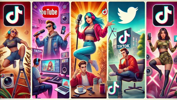 DALL·E 2025 03 11 15.10.03 A vibrant digital illustration of four different influencer types each representing a social media platform 1. A YouTube creator with headphones an