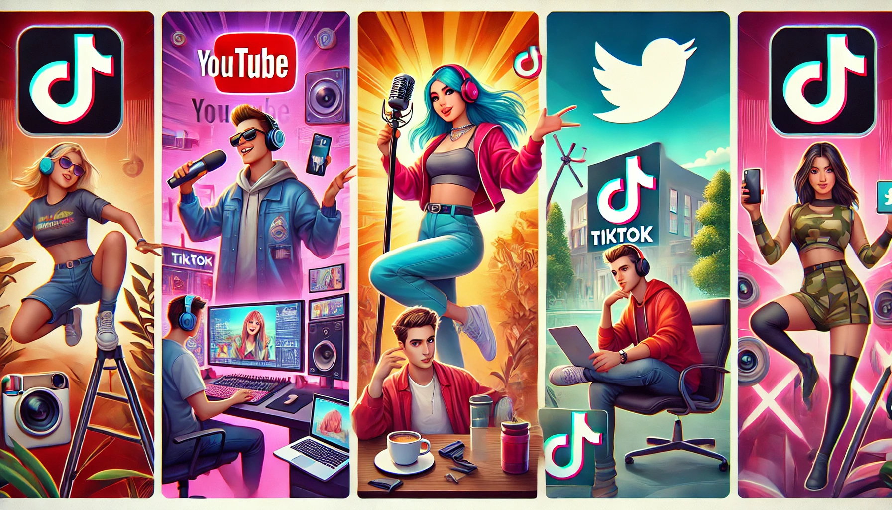 DALL·E 2025 03 11 15.10.03 A vibrant digital illustration of four different influencer types each representing a social media platform 1. A YouTube creator with headphones an