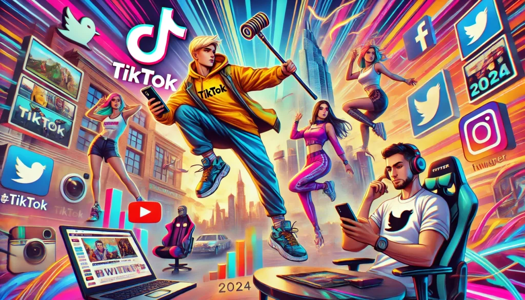 KVIZ Koliko dobro poznaješ viralne trendove sa interneta? 🌍🔥 1 DALL·E 2025 03 11 15.22.36 A vibrant digital illustration showcasing various viral internet trends from 2024. The image should feature 1. A TikTok influencer performing a danc