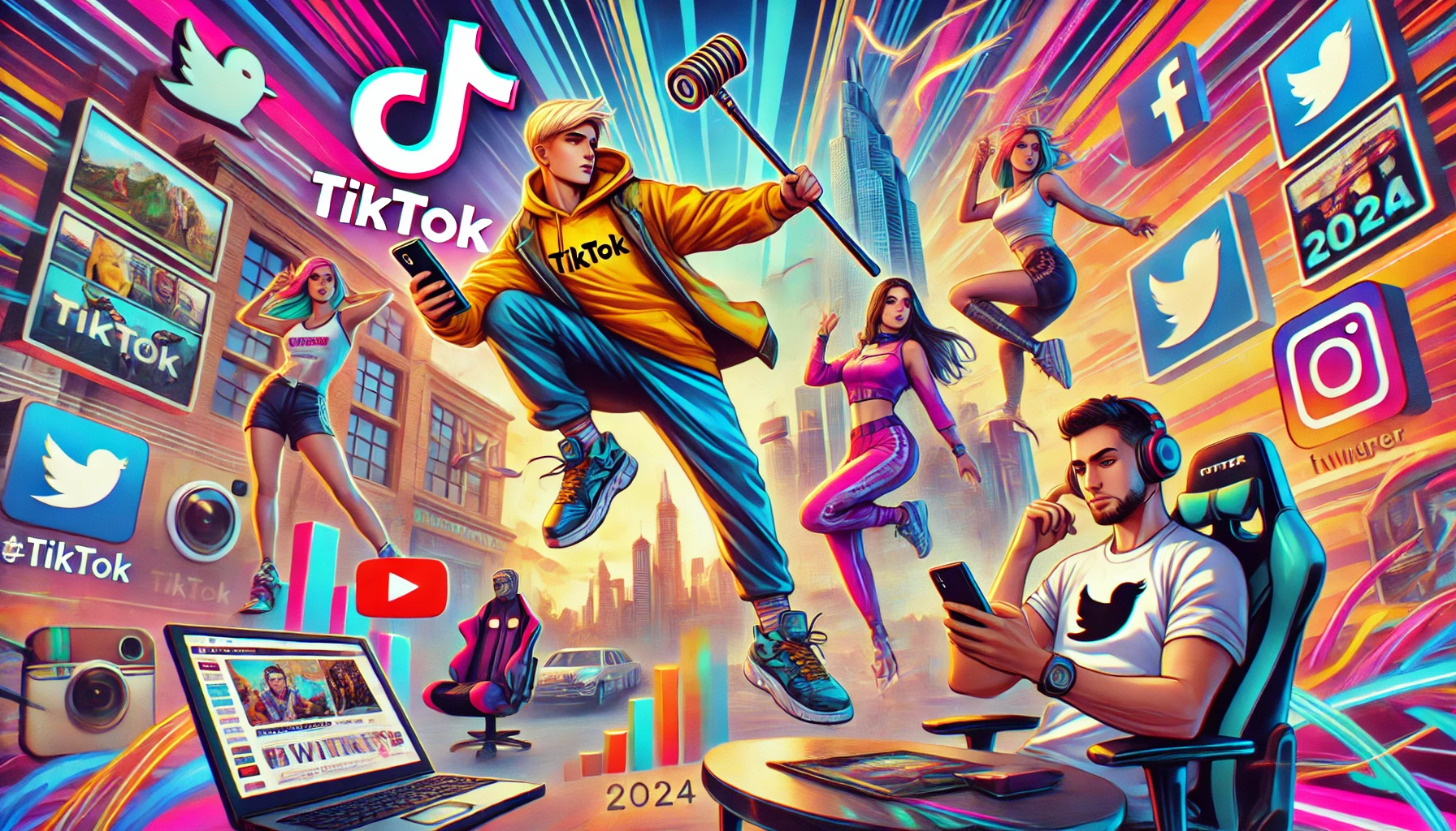 DALL·E 2025 03 11 15.22.36 A vibrant digital illustration showcasing various viral internet trends from 2024. The image should feature 1. A TikTok influencer performing a danc