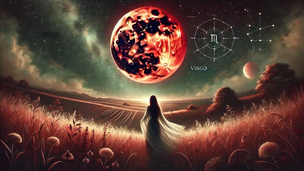 DALL·E 2025 03 13 11.30.36 A mystical and dramatic horizontal illustration of a Blood Moon in Virgo. The full moon appears deep red and glows intensely in a dark starry night s