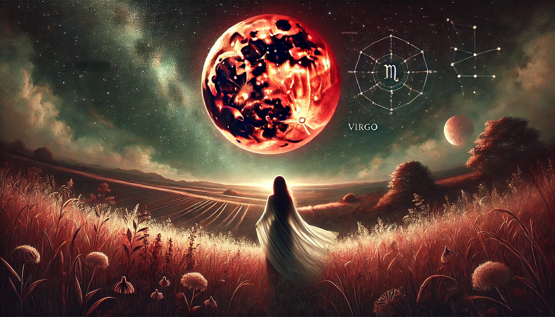 DALL·E 2025 03 13 11.30.36 A mystical and dramatic horizontal illustration of a Blood Moon in Virgo. The full moon appears deep red and glows intensely in a dark starry night s