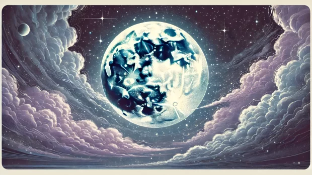 DALL·E 2025 03 17 12.31.31 A horizontal digital illustration of a full moon in a starry night sky. The moon is large glowing and detailed with visible craters and a soft halo