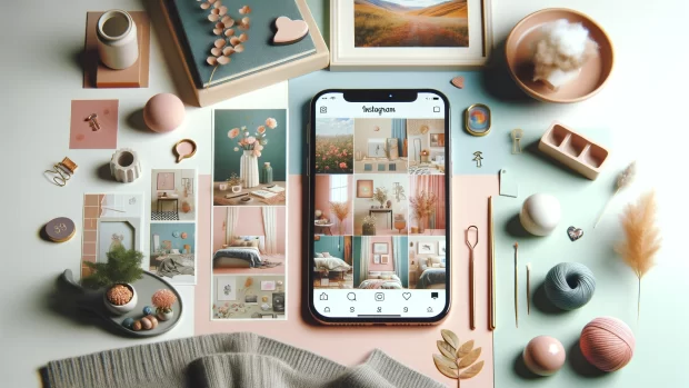 DALL·E 2025 03 17 17.02.01 Aesthetic Instagram feed concept. A modern smartphone displaying a beautifully curated Instagram profile with a cohesive color palette and neatly arra