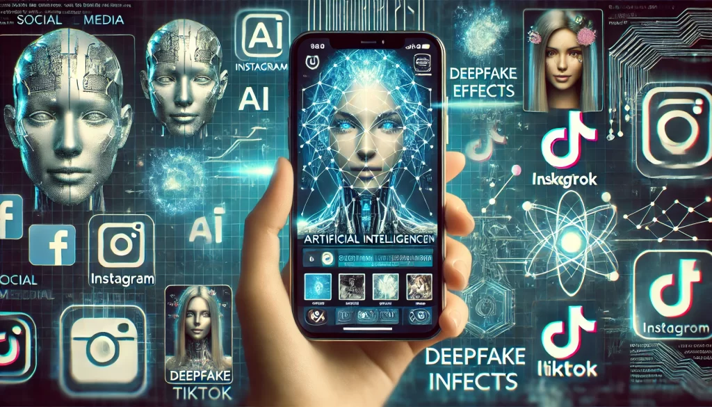 DALL·E 2025 03 17 17.03.04 AI trends in social media. A futuristic digital concept showing artificial intelligence in action on platforms like Instagram and TikTok. A smartphone