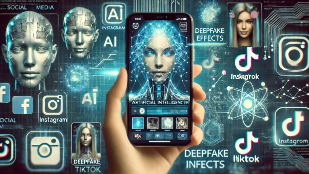DALL·E 2025 03 17 17.03.04 AI trends in social media. A futuristic digital concept showing artificial intelligence in action on platforms like Instagram and TikTok. A smartphone