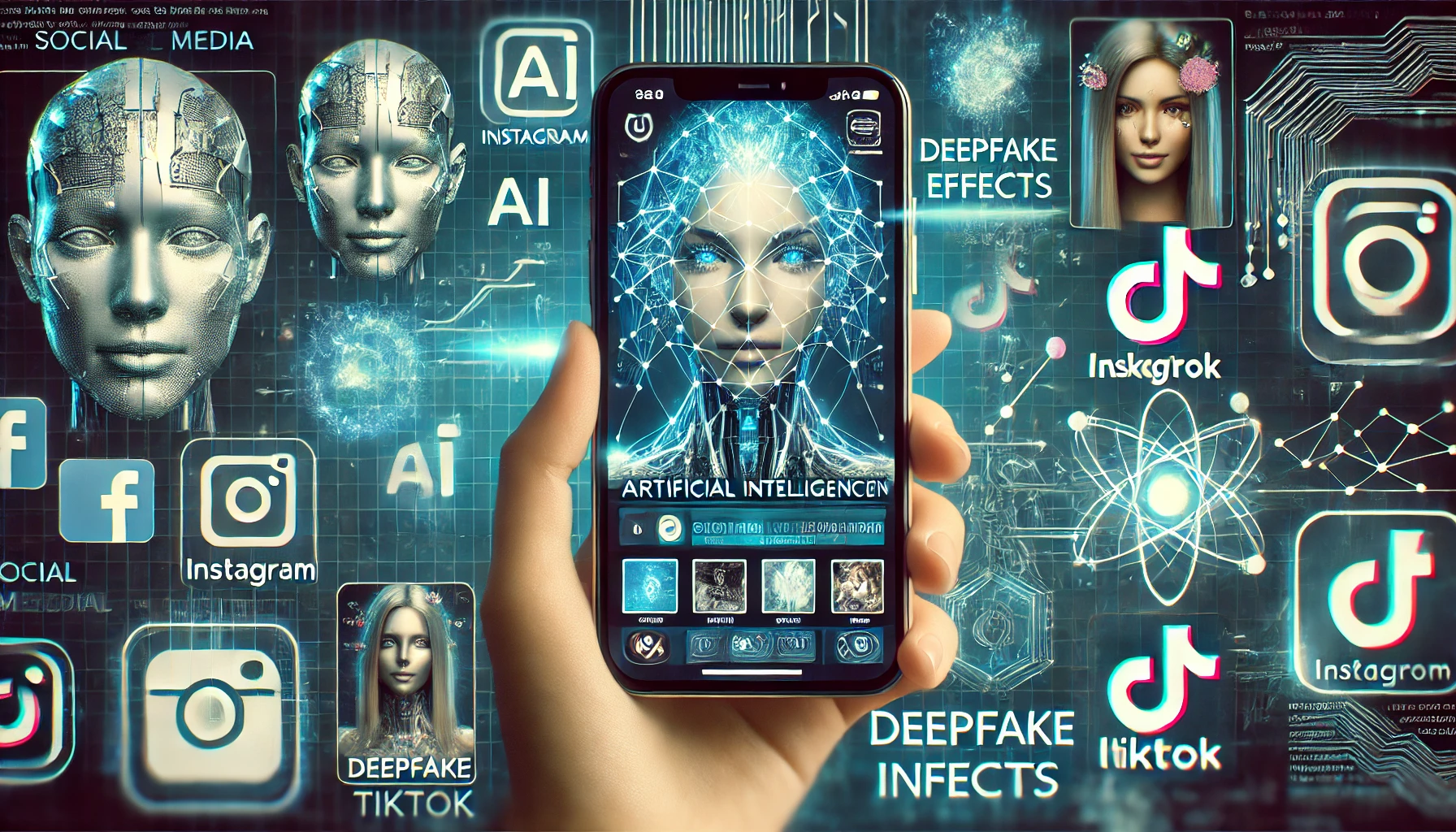 DALL·E 2025 03 17 17.03.04 AI trends in social media. A futuristic digital concept showing artificial intelligence in action on platforms like Instagram and TikTok. A smartphone