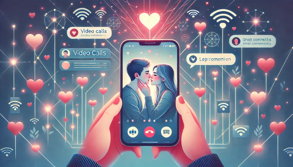 DALL·E 2025 03 17 17.03.33 Online love and relationships concept. A romantic yet digital illustration featuring a young couple communicating through video calls and chat message