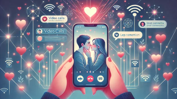 DALL·E 2025 03 17 17.03.33 Online love and relationships concept. A romantic yet digital illustration featuring a young couple communicating through video calls and chat message