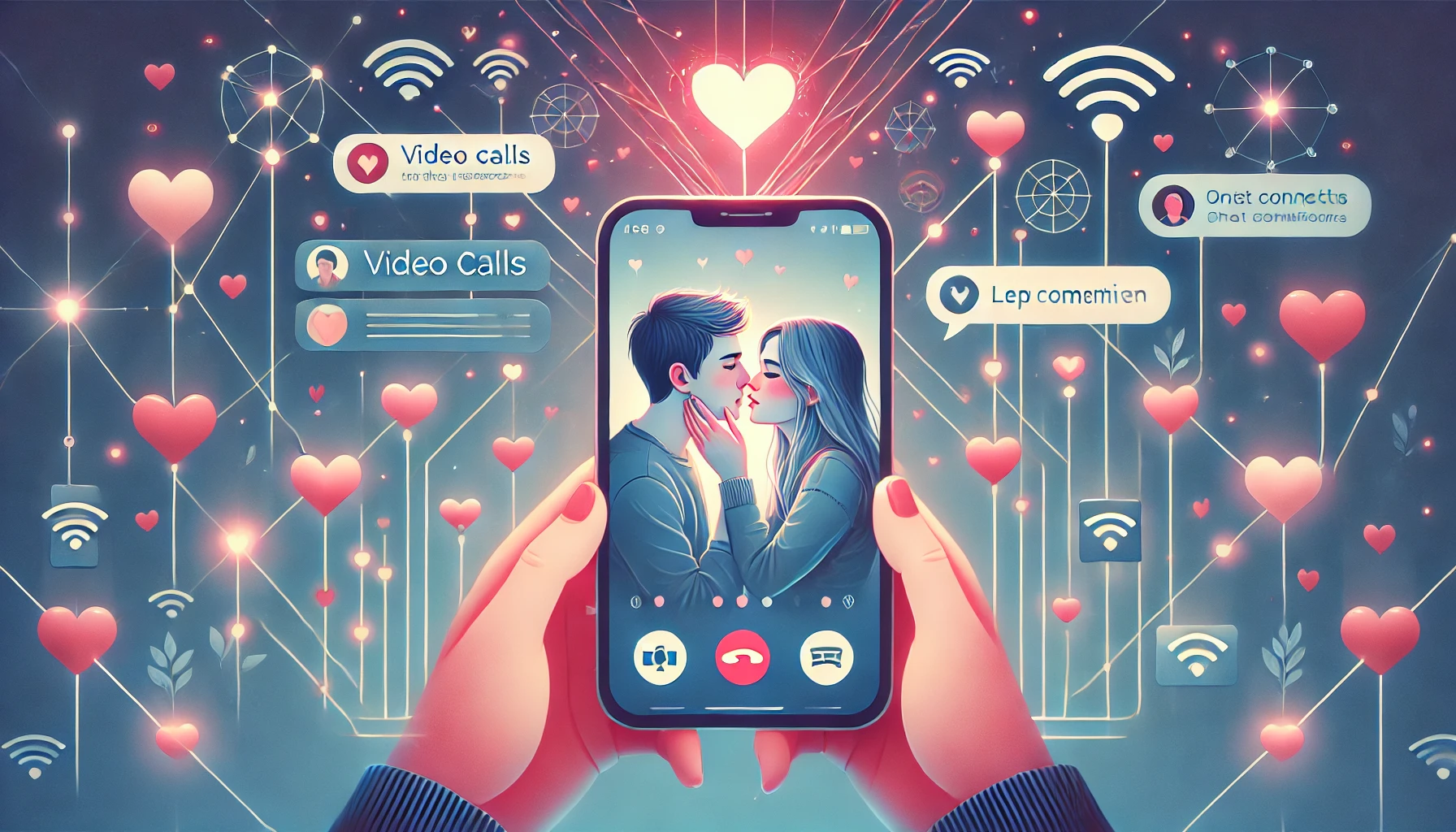 DALL·E 2025 03 17 17.03.33 Online love and relationships concept. A romantic yet digital illustration featuring a young couple communicating through video calls and chat message