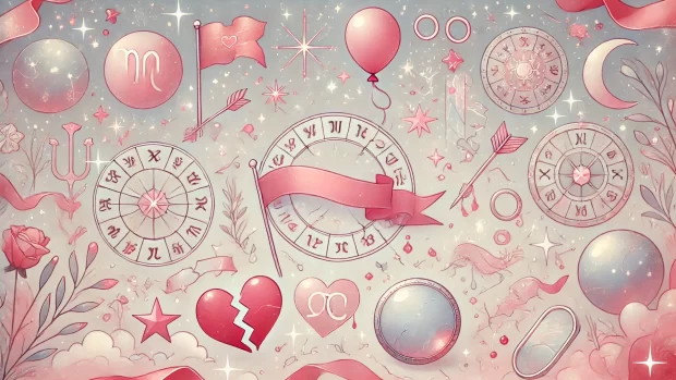 DALL·E 2025 03 24 12.09.14 A soft dreamy and wordless horizontal illustration for a teen astrology theme featuring zodiac signs delicate red flags as symbolic warnings crac
