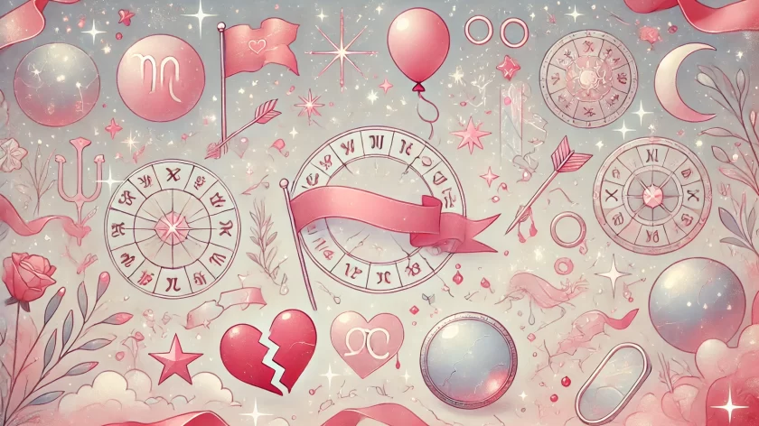 DALL·E 2025 03 24 12.09.14 A soft dreamy and wordless horizontal illustration for a teen astrology theme featuring zodiac signs delicate red flags as symbolic warnings crac
