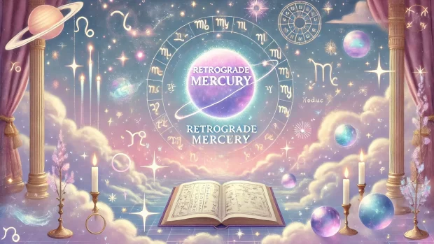 DALL·E 2025 03 26 14.19.30 A dreamy and mystical digital illustration with an astrological theme. A glowing planet labeled Retrograde Mercury floating in a soft cosmic sky fil