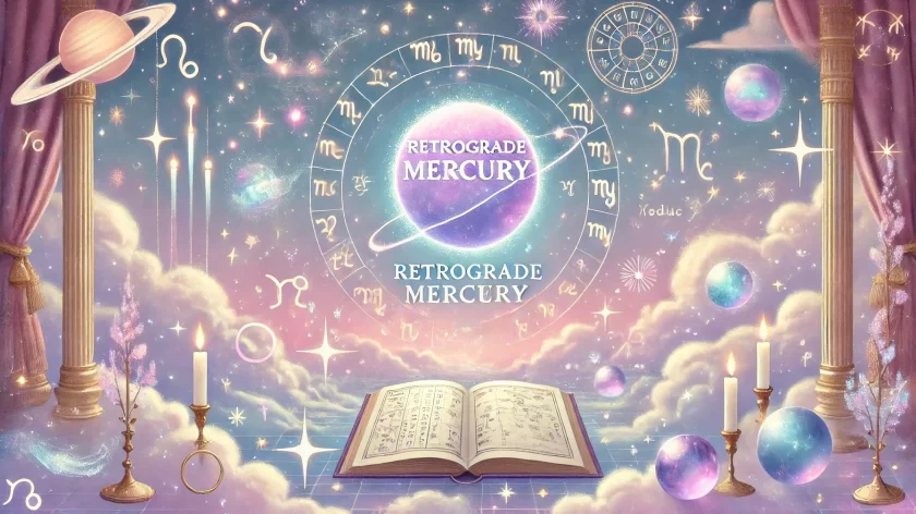 DALL·E 2025 03 26 14.19.30 A dreamy and mystical digital illustration with an astrological theme. A glowing planet labeled Retrograde Mercury floating in a soft cosmic sky fil