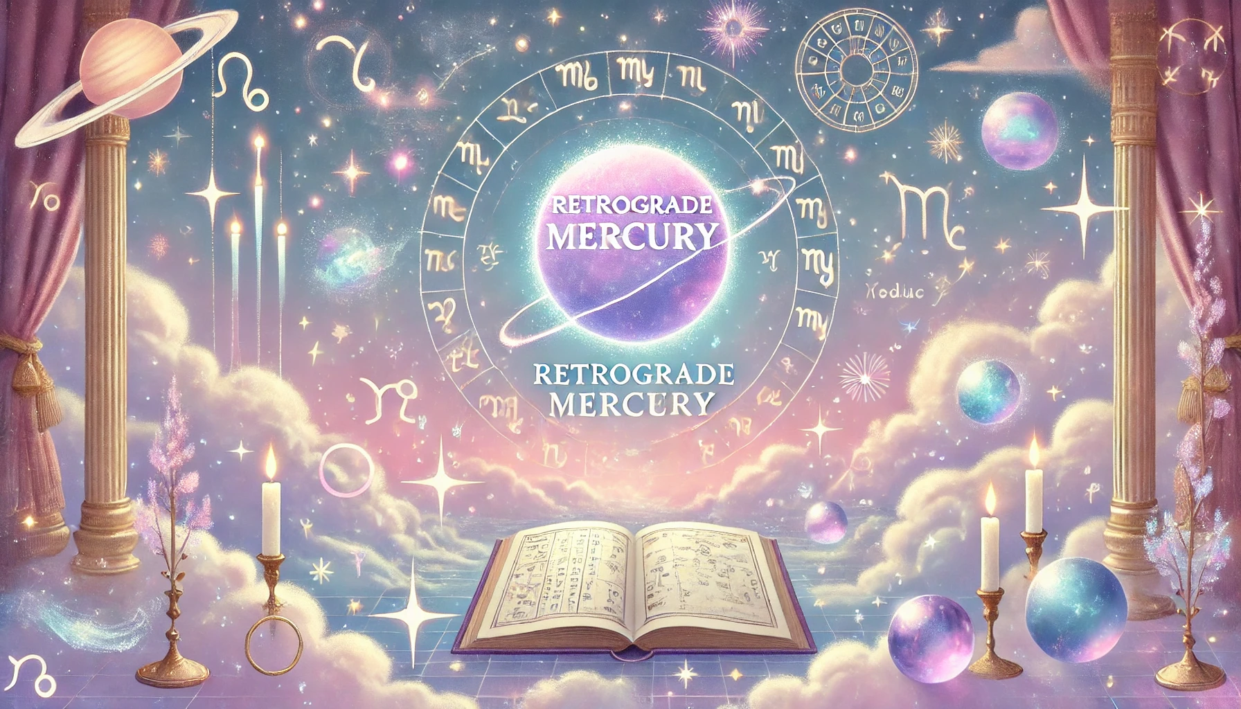 DALL·E 2025 03 26 14.19.30 A dreamy and mystical digital illustration with an astrological theme. A glowing planet labeled Retrograde Mercury floating in a soft cosmic sky fil