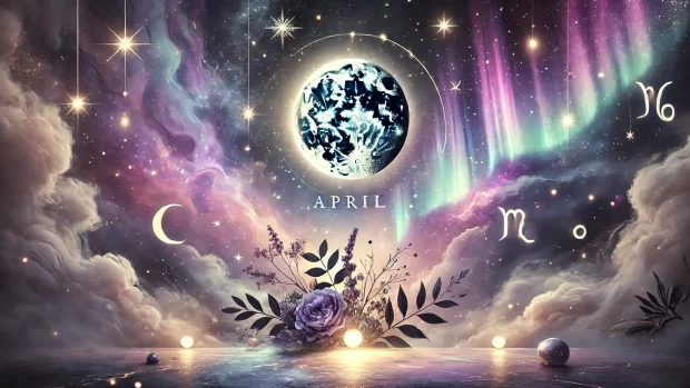 DALL·E 2025 03 27 11.02.34 A horizontal mystical and aesthetic image symbolizing zodiac luck in April without any text symbols or specific zodiac signs. The scene features a d