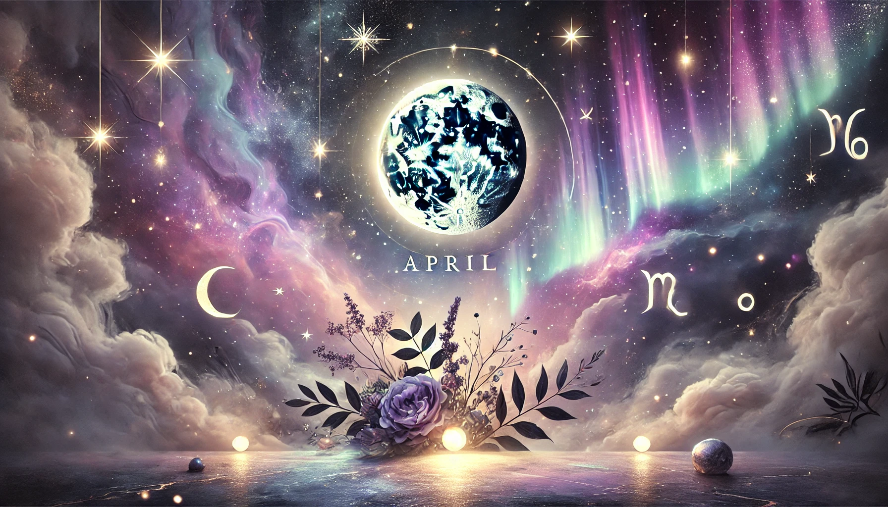 DALL·E 2025 03 27 11.02.34 A horizontal mystical and aesthetic image symbolizing zodiac luck in April without any text symbols or specific zodiac signs. The scene features a d
