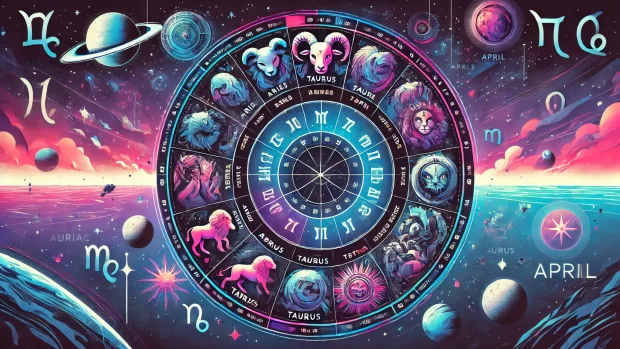 DALL·E 2025 03 31 12.09.12 A vibrant and modern horizontal illustration representing all zodiac signs for April without any text. Each zodiac sign is symbolized with its tradit