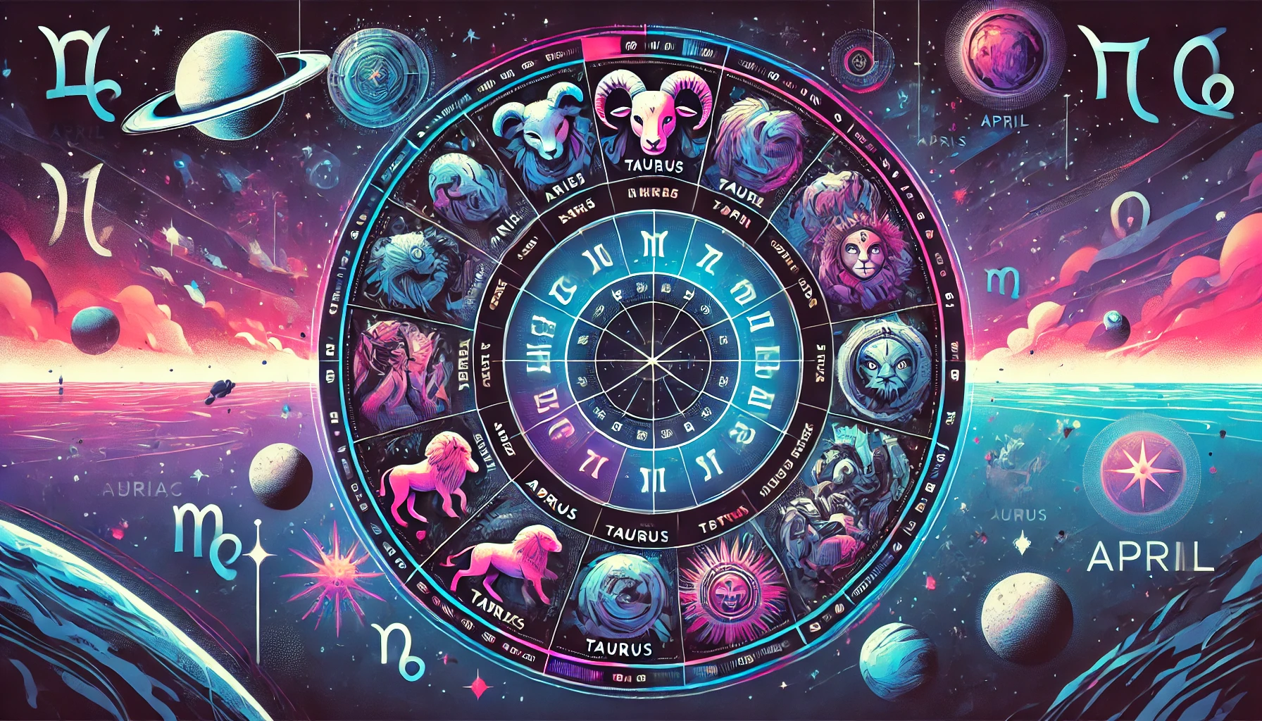 DALL·E 2025 03 31 12.09.12 A vibrant and modern horizontal illustration representing all zodiac signs for April without any text. Each zodiac sign is symbolized with its tradit