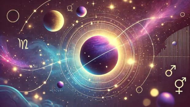 DALL·E 2025 04 07 15.44.48 A modern trendy horizontal astrology themed visual showing the night sky with stars planets and constellations. The colors are dreamy and magical —