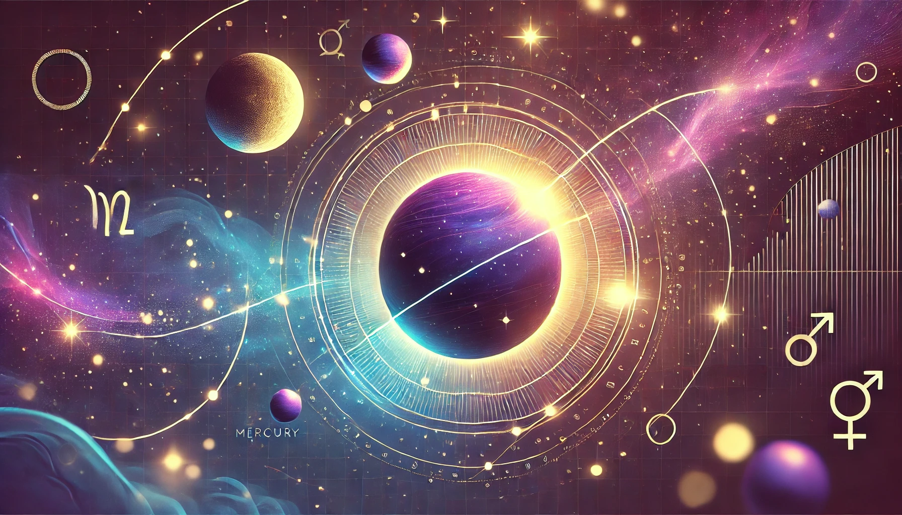DALL·E 2025 04 07 15.44.48 A modern trendy horizontal astrology themed visual showing the night sky with stars planets and constellations. The colors are dreamy and magical —
