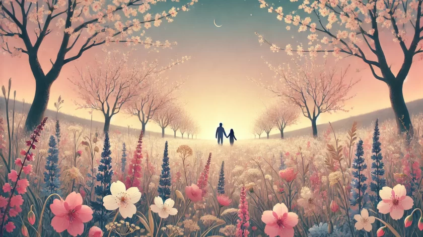 DALL·E 2025 04 08 11.22.19 A romantic and dreamy spring landscape with no astrology symbols no text and no mystical elements. Just a peaceful field filled with blooming cherry