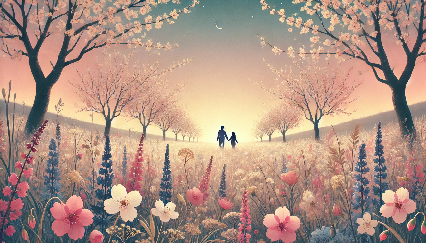 DALL·E 2025 04 08 11.22.19 A romantic and dreamy spring landscape with no astrology symbols no text and no mystical elements. Just a peaceful field filled with blooming cherry
