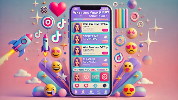 DALL·E 2025 04 08 12.08.27 A visual illustration for a web quiz titled What Does Your FYP Say About You . A colorful aesthetic composition with a large smartphone showing a T e1744107021858