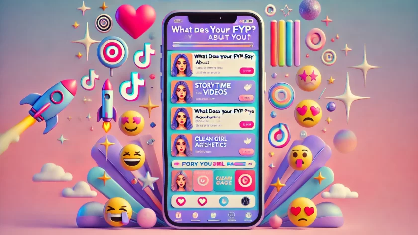 DALL·E 2025 04 08 12.08.27 A visual illustration for a web quiz titled What Does Your FYP Say About You . A colorful aesthetic composition with a large smartphone showing a T e1744107021858