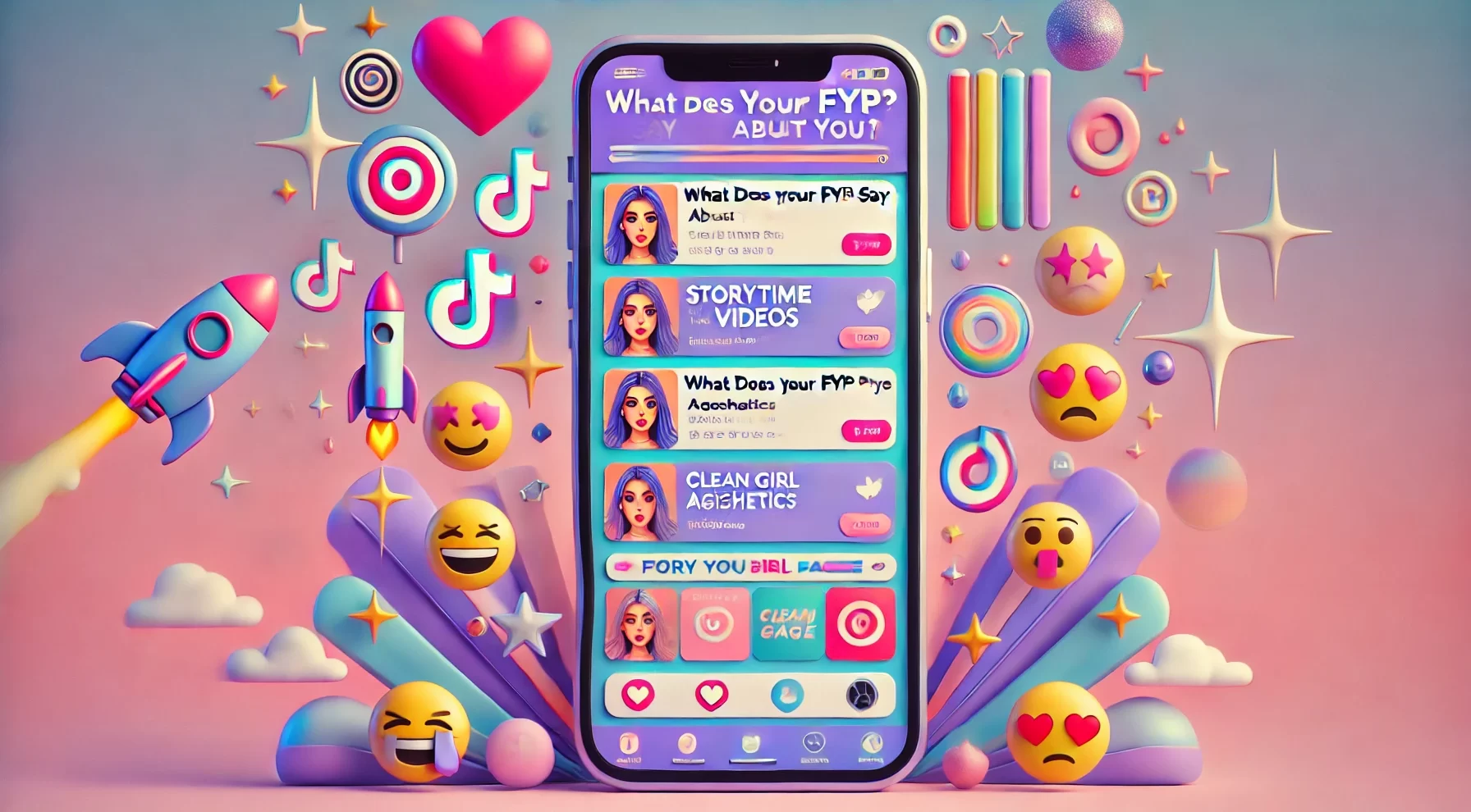DALL·E 2025 04 08 12.08.27 A visual illustration for a web quiz titled What Does Your FYP Say About You . A colorful aesthetic composition with a large smartphone showing a T e1744107021858