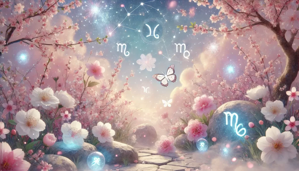 DALL·E 2025 04 14 13.49.23 A dreamy spring themed zodiac inspired landscape combining blooming cherry blossoms soft pastel flowers and glowing constellations in the sky. Incl