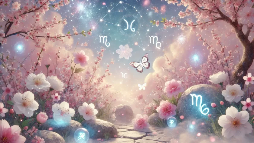 DALL·E 2025 04 14 13.49.23 A dreamy spring themed zodiac inspired landscape combining blooming cherry blossoms soft pastel flowers and glowing constellations in the sky. Incl