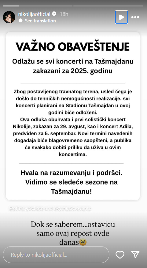 Prvo oglašavanje Nikolije nakon otkazanog koncerta na Tašmajdanu! "Najveću štetu trpim upravo ja" (FOTO) 2 Screenshot 2025 08 20 132356